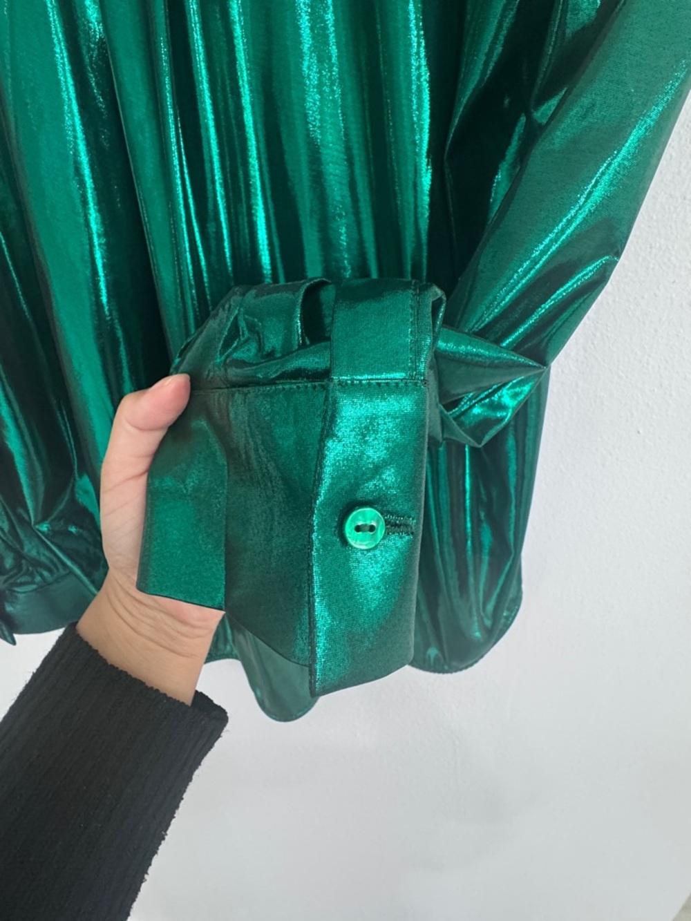 Anthropology Emerald Green Metallic Liquid Lurex Button Down Shirt L - Picture 5 of 7